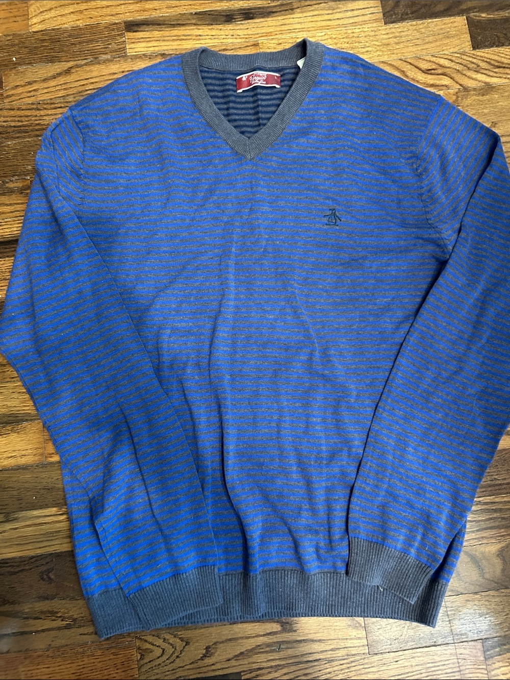 Original Penguin Men’s Blue & Gray Striped V-Neck Sweater